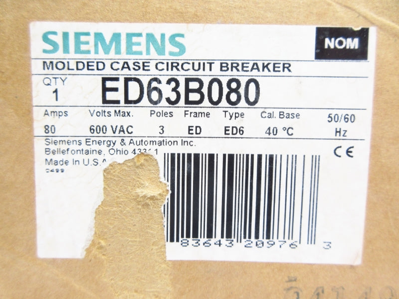 SIEMENS ED63B080 600VAC 80A NSMP