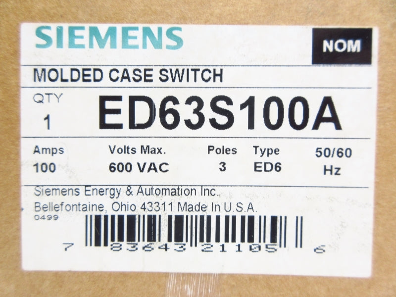 SIEMENS ED63S100A 600VAC 100A NSMP