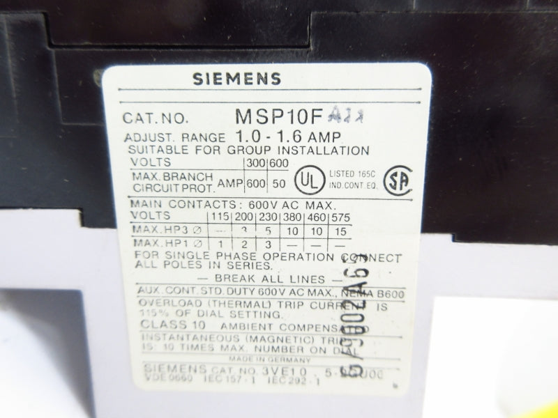SIEMENS MSP10FA11 600VAC 1.0-1.6A NSMP