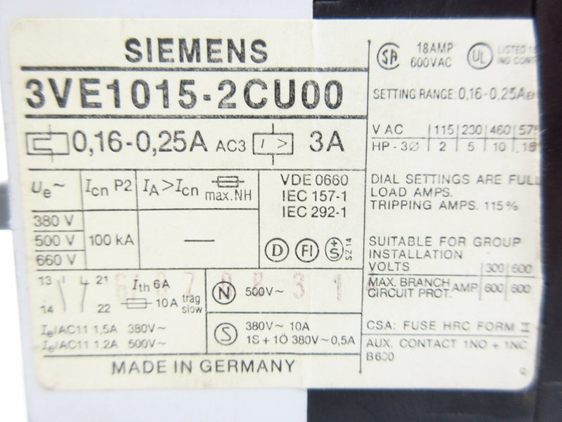 SIEMENS 3VE1015-2CU00 660V 0.16-0.25A NSNP