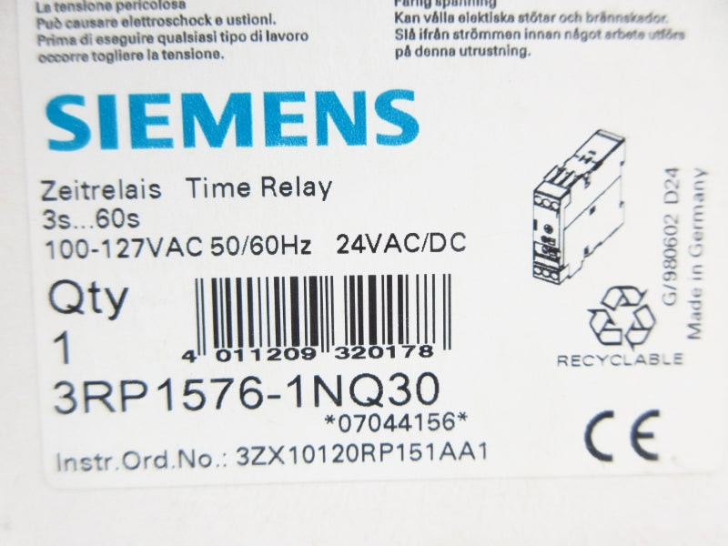 SIEMENS 3RP1576-1NQ30 100-127VAC 3-60S NSMP