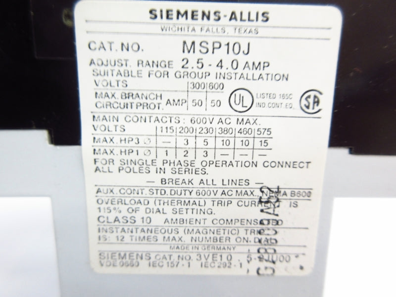 SIEMENS MSP10J 600VAC 2.5-4.0A NSMP