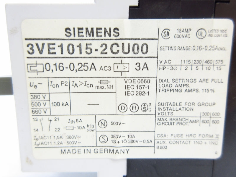 SIEMENS 3VE1015-2CU00 600VAC 16.0-0.25A NSNP