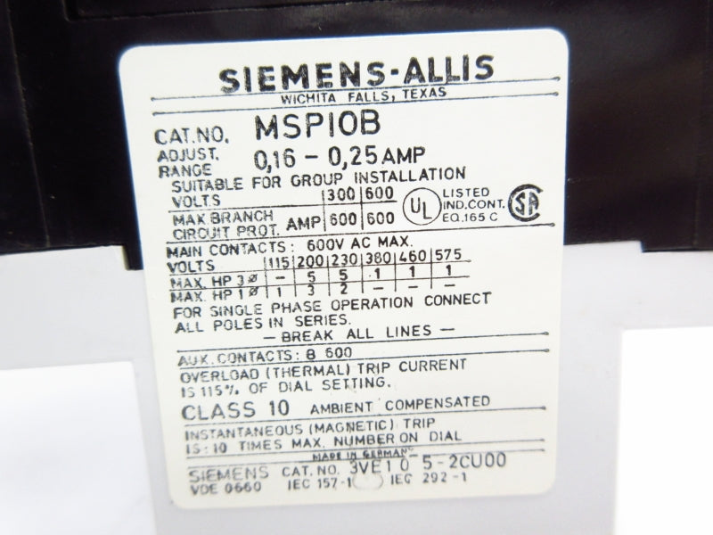SIEMENS MSP10B 600VAC 0.16-0.25A NSMP