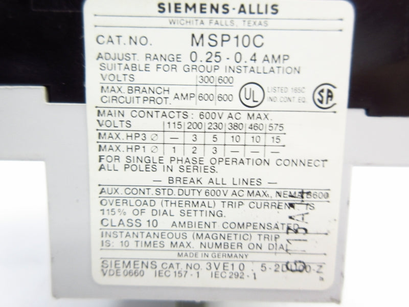 SIEMENS MSP10C 600VAC 0.25-0.40A NSMP