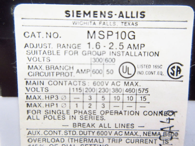 SIEMENS MSP10G 600VAC 1.6-2.5A NSMP