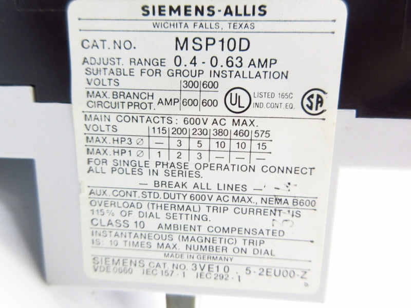 SIEMENS MSP10D 600VAC 0.4-0.63A NSMP