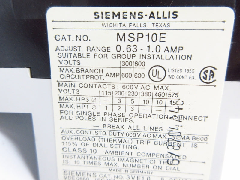 SIEMENS MSP10E 600VAC 0.63-1.0A NSMP