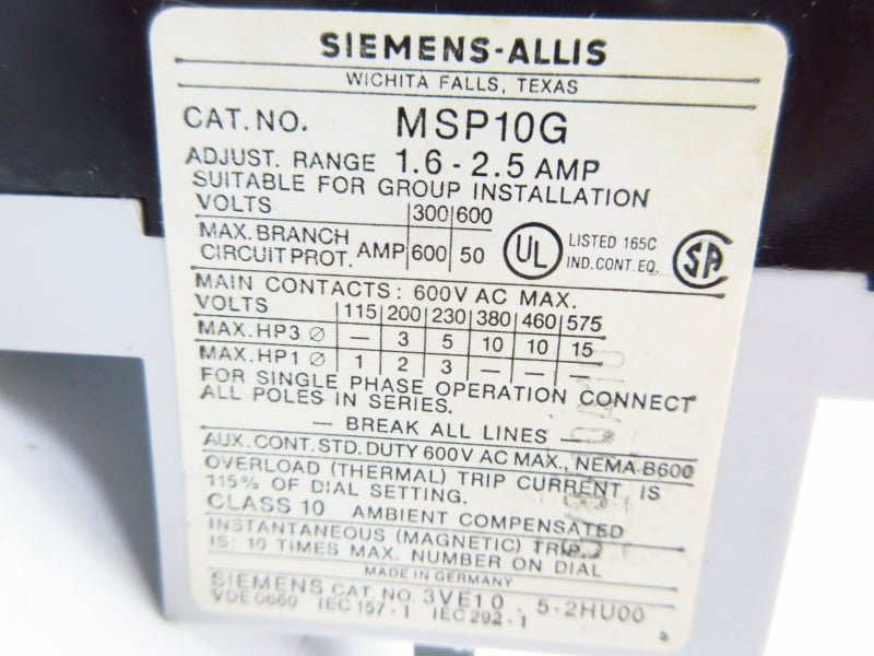 SIEMENS MSP10G 600VAC 1.6-2.5A NSNP