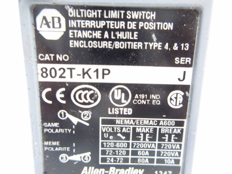 ALLEN BRADLEY 802T-K1P SER. J 120-600VAC 60A UNMP