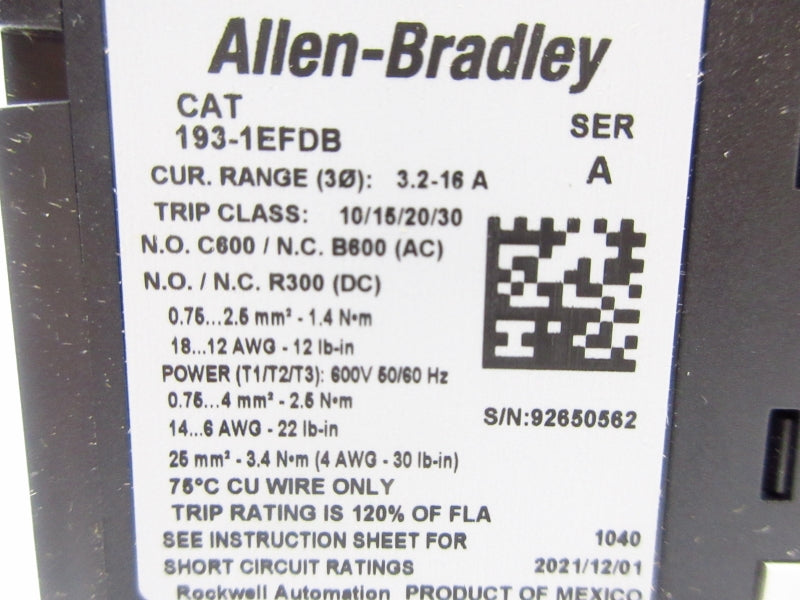 ALLEN BRADLEY 193-1EFDB SER. A 600V 3.2-16A (BR/WH) NSMP