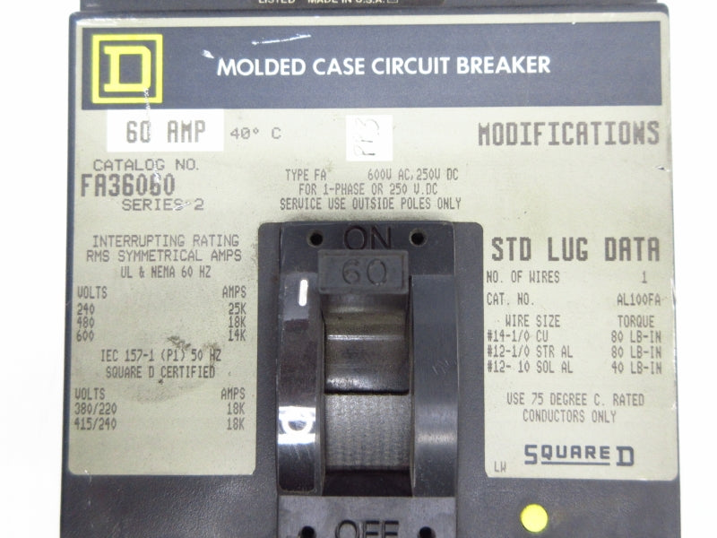 SQUARE D FA36060 SER. 2 600VAC 60A NSNP