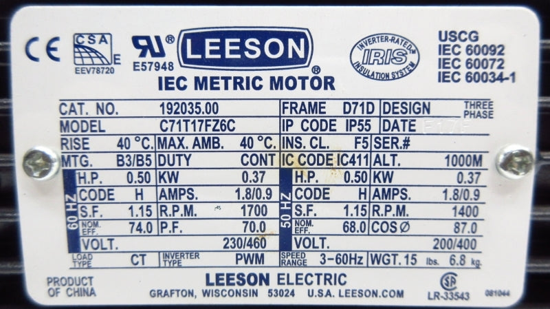 LEESON 192035.00 C71T17FZ6C 230/460V 0.9/1.8A NSNP
