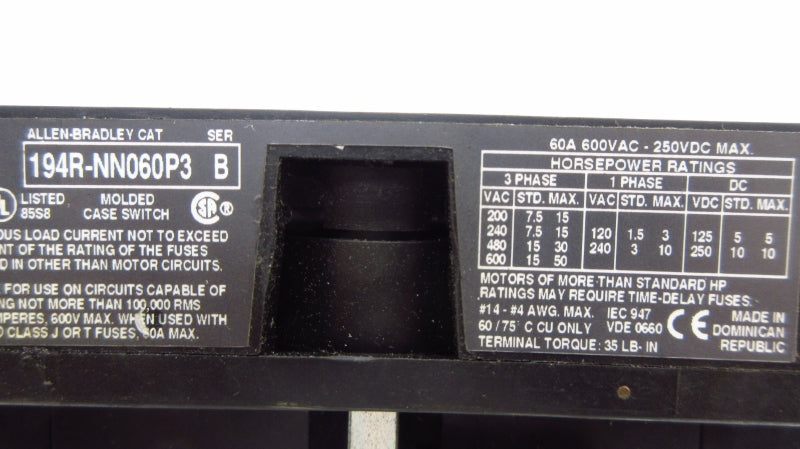 ALLEN BRADLEY 194R-NN060P3 SER. B 600VAC 60A UNMP