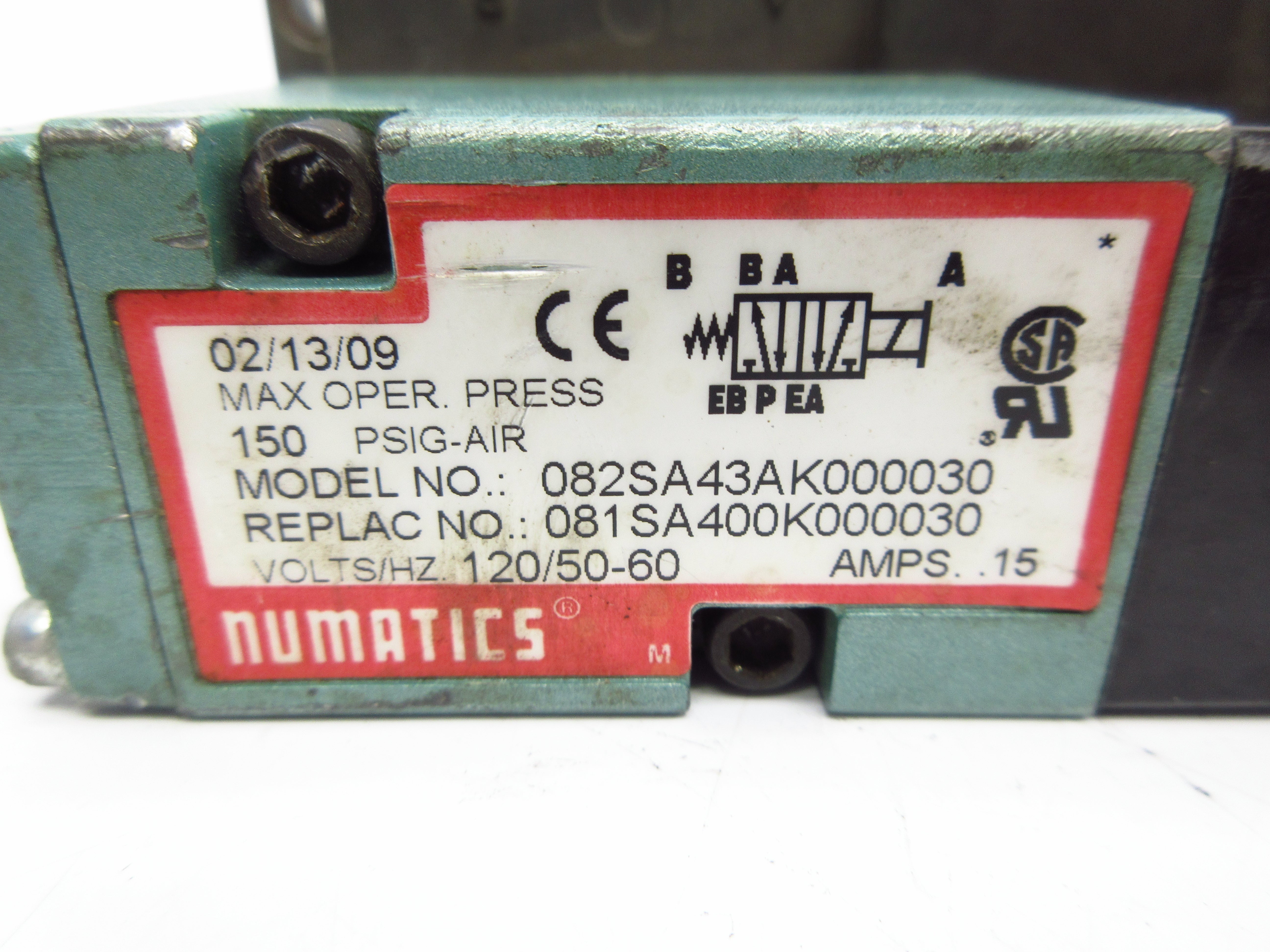 NUMATICS 082SA43AK000030 120V .15A 150PSI UNMP