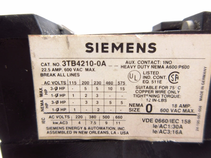 SIEMENS 3TB4210-0A 110/120V 22.5A NSNP