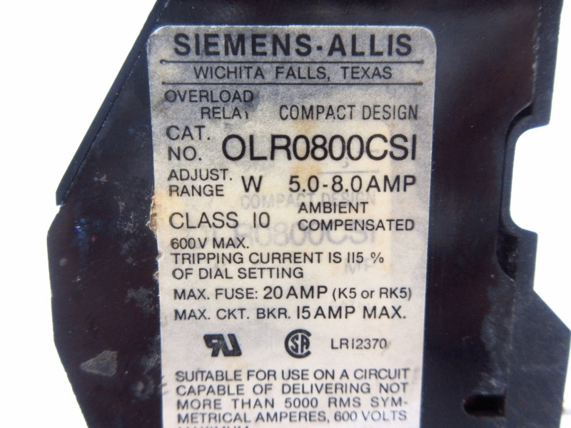 SIEMENS OLR0800CSI 600V 5.0-8.0A NSNP