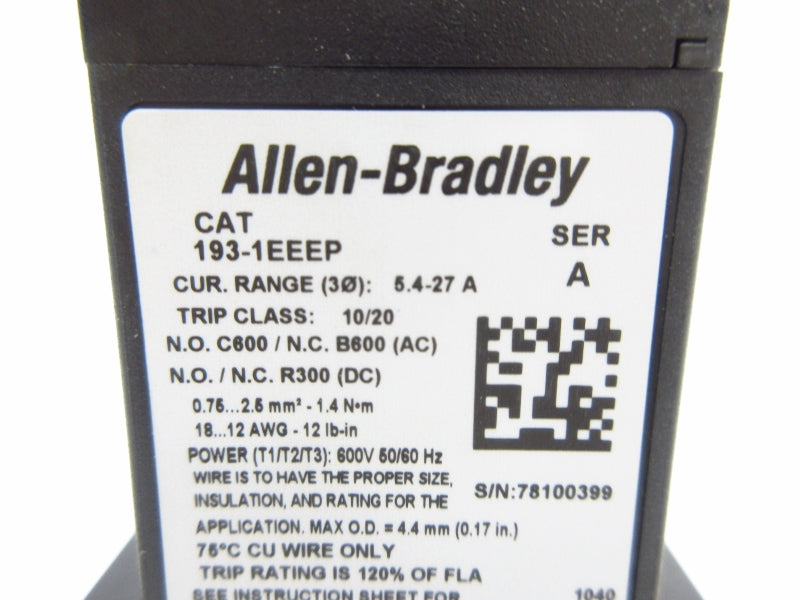 ALLEN BRADLEY 193-1EEEP SER. A 600V 5.4-27A (BR/WH) NSMP