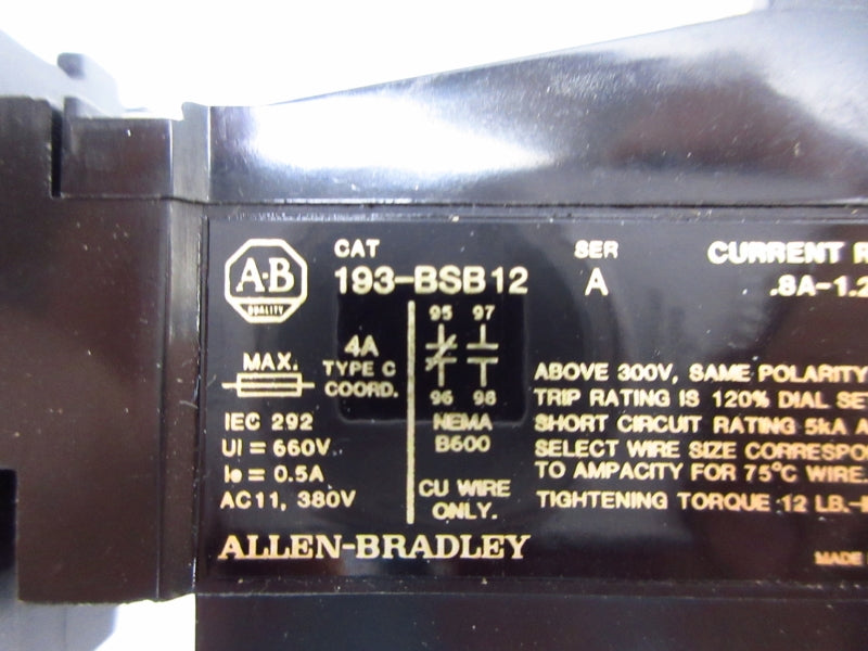 ALLEN BRADLEY 193-BSB12 SER. A 600V .8-1.2A (BK/YL) NSMP
