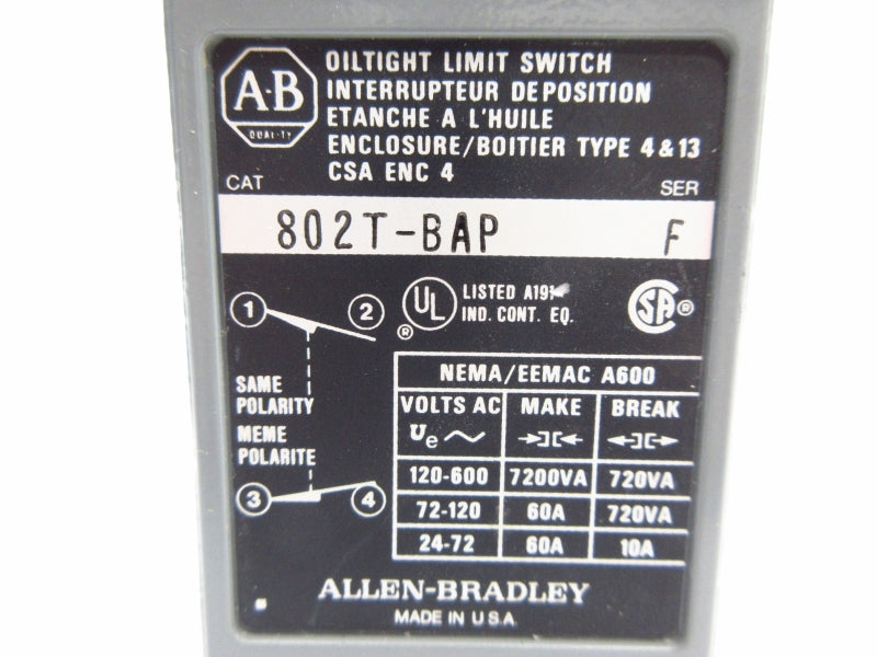 ALLEN BRADLEY 802T-BAP SER. F 120-600VAC 60A NSNP