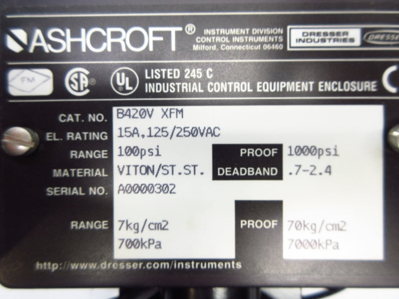 ASHCROFT B420VXFM 125/250VAC 15A 100PSI NSMP