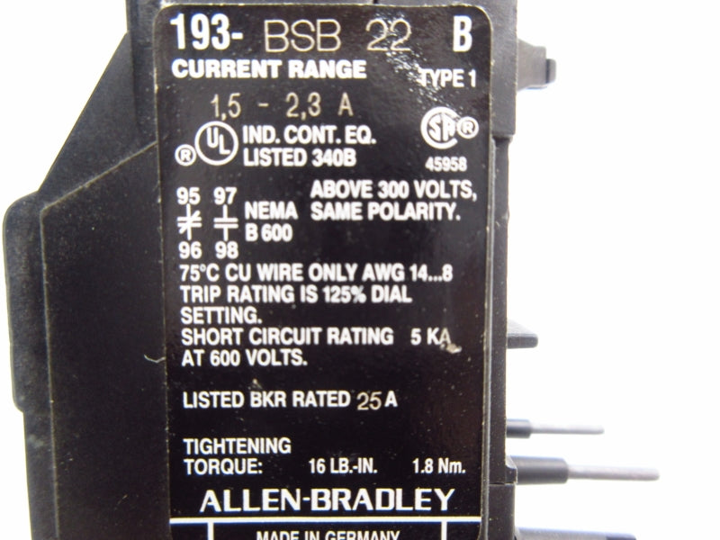 ALLEN BRADLEY 193-BSB22B SER. B 600V 1.5-2.3A (BK/YL) NSMP