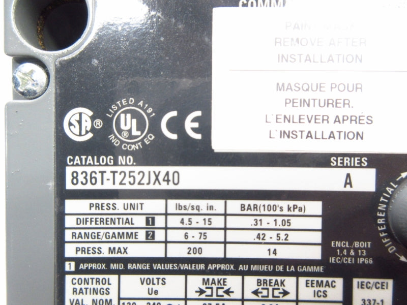 ALLEN BRADLEY 836T-T252JX40 SER. A 120-240V 30A 200PSI (BR/WH) NSMP