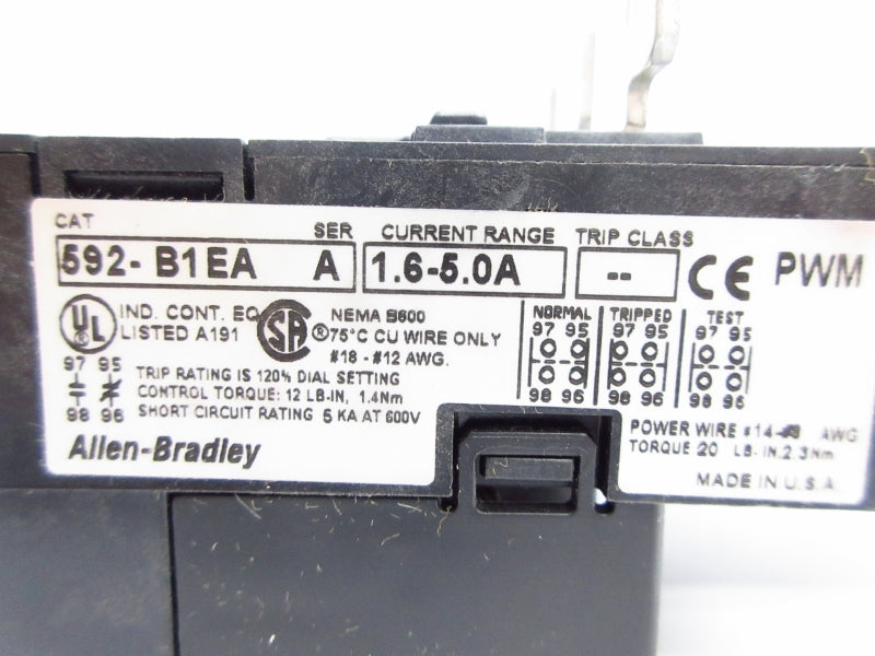ALLEN BRADLEY 592-B1EA SER. A 600V 1.6-5A (BR/WH) NSMP