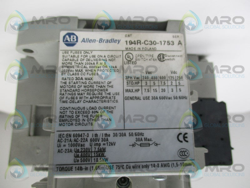 ALLEN BRADLEY 194R-C30-1753 SER. A DISCONNECT SWITCH * USED  *