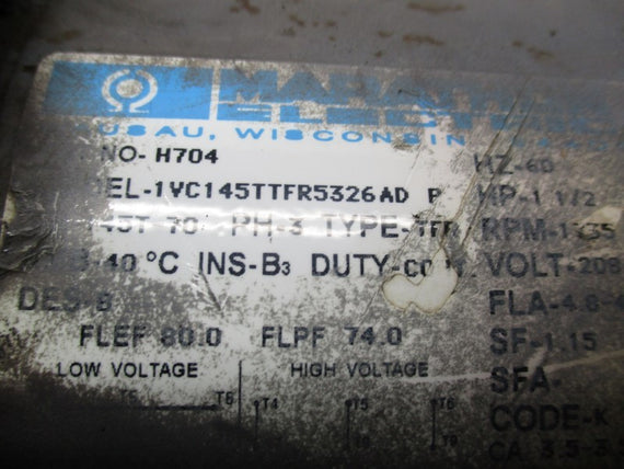 MARATHON H704 ELECTRIC MOTOR 1 1/2 HP 1735 RPM * USED *