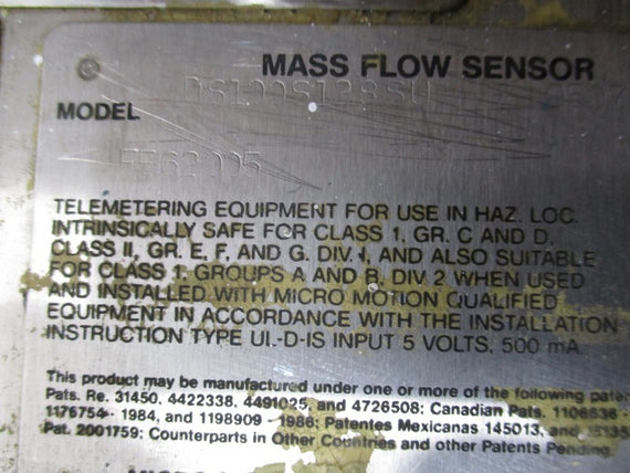 MICROMOTION DS100S128SU MASS FLOW SENSOR (AS PICTURED) * USED *