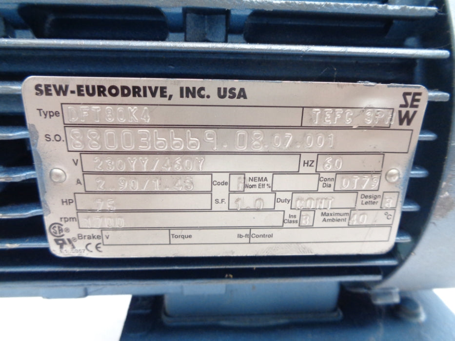SEW EURODRIVE DFT80K4 230/460V 2.90/1.45A NSNP