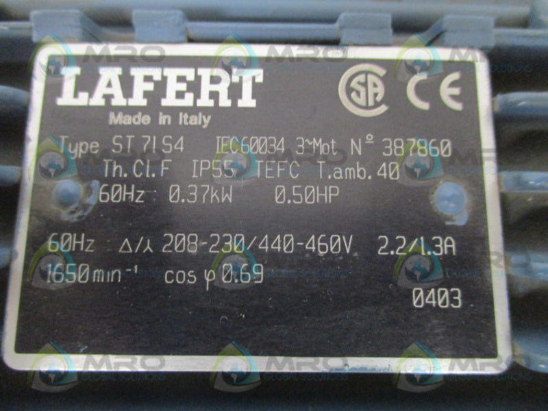 LAFERT ST71S4 ELECTRIC MOTOR 0.5HP W/ SITI MI40FPA0 SPEED REDUCER *USED*