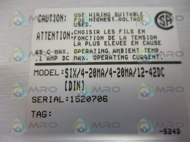 MOORE SIX/4-20MA/4-20MA/12-42DC[DIN] SIGNAL ISOLATOR *NEW NO BOX*