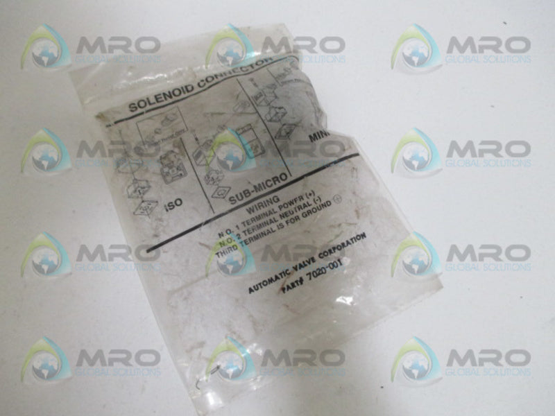 AUTOMATIC VALVE 7020-001 SOLENOID CONNECTOR * NEW IN FACTORY BAG *
