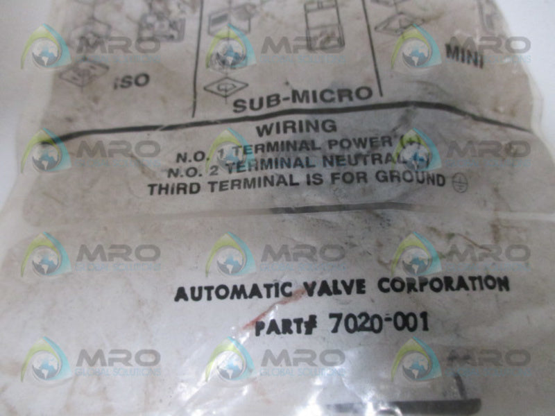 AUTOMATIC VALVE 7020-001 SOLENOID CONNECTOR * NEW IN FACTORY BAG *