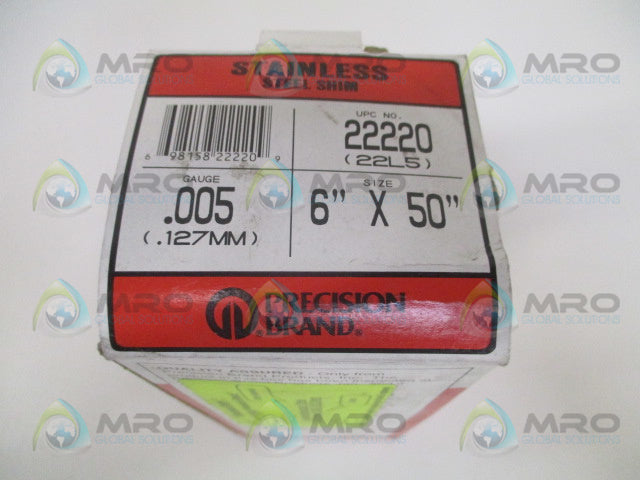 PRECISION BRAND 22220 22L5 STAINLESS STEEL SHIM 6"X50" GAUGE .005 *NEW IN BOX*