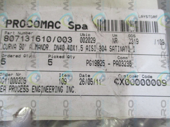 PROCOMAC SPA 807131610/003 ELBOW FITTING (PKG. OF 5) *NEW IN ORIGINAL PACKAGE*