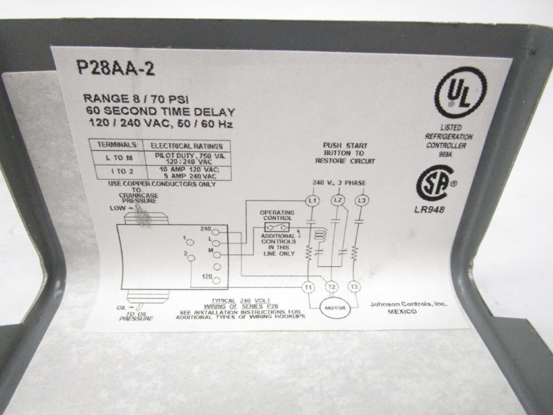 JOHNSON CONTROLS P28AA-2C 120-240VAC 8-70PSI NSMP