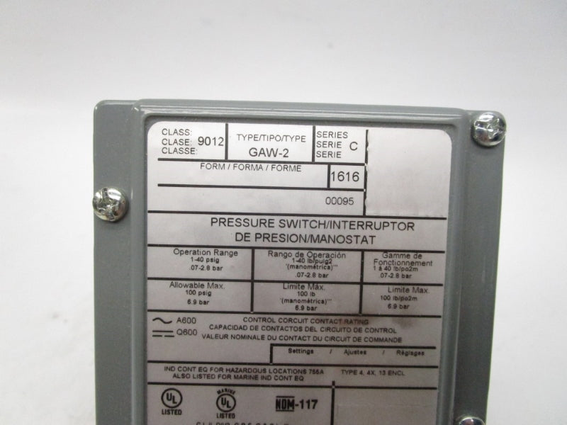 SQUARE D 9012GAW2 SER. C 1-40PSI NSMP