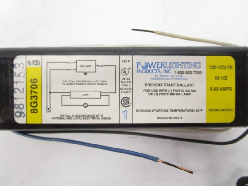 POWER LIGHTING PRODUCTS 8G3706 120V 0.60A NSMP