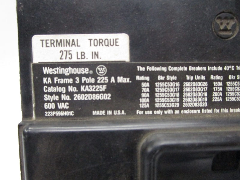 WESTINGHOUSE KA3225F 600VAC 150/225A NSNP