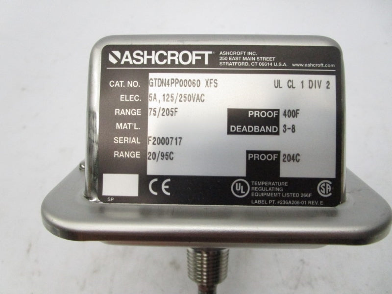 ASHCROFT GTDN4PP00060XFS 125-250VAC 5A 72/205'F NSMP
