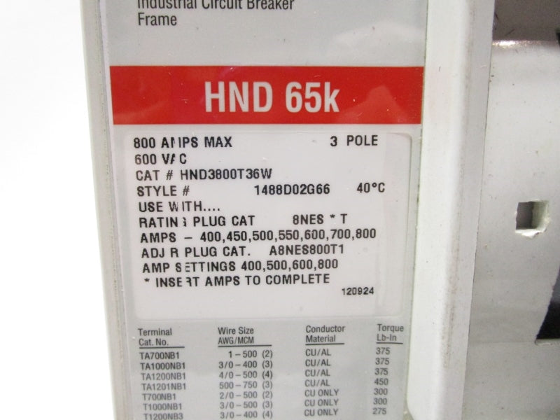 EATON HND3800T36W SER. C 600VAC 800A NSMP