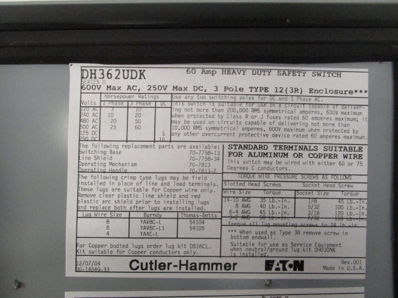 CUTLER HAMMER DH362UDK SER. D 600VAC 60A NSMP