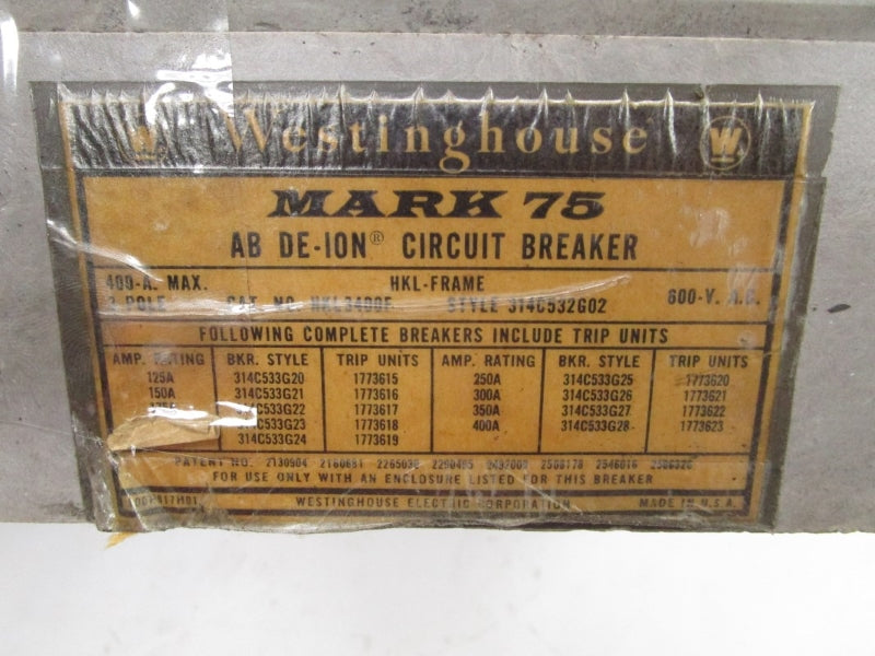 WESTINGHOUSE HKL3400F 314C532G02 600VAC 175A UNMP