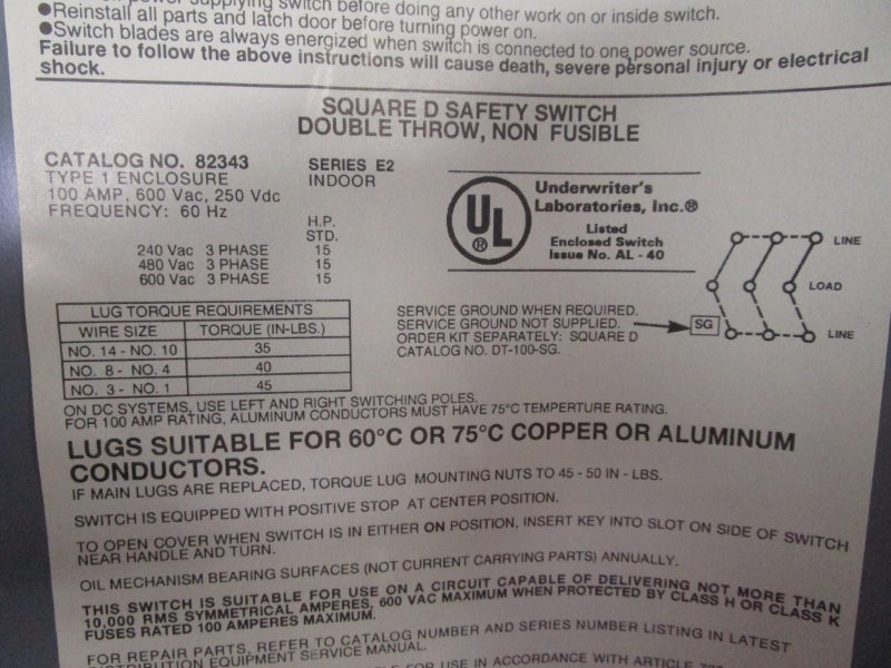 SQUARE D 82343 SER. E2 600VAC 100A NSNP