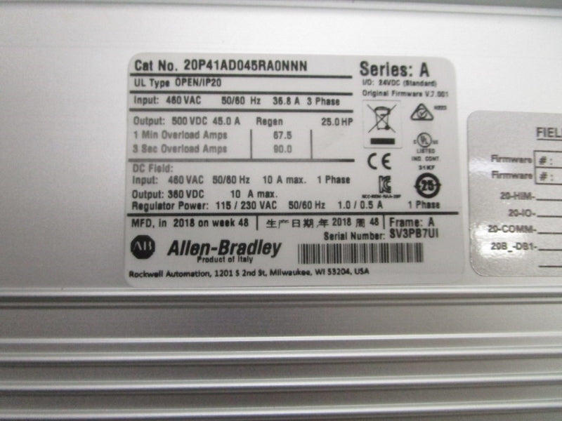 ALLEN BRADLEY 20P41AD045RA0NNN SER. A F/W 7.001 460VAC 45A NSMP