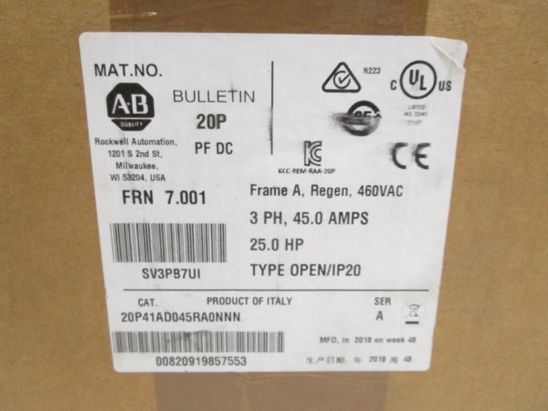 ALLEN BRADLEY 20P41AD045RA0NNN SER. A F/W 7.001 460VAC 45A NSMP