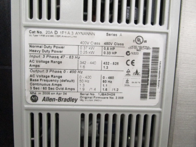 ALLEN BRADLEY 20AD1P1A3AYNANNN SER. A F/W 2.008 480VAC 1.3A NSMP